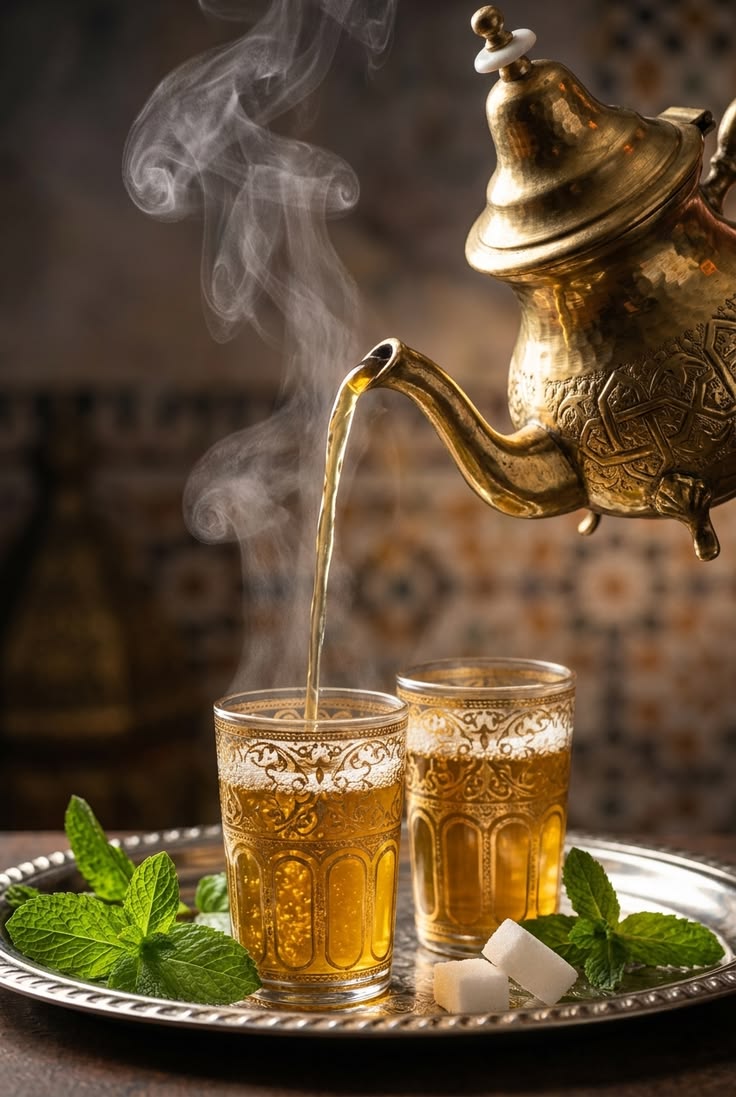 Steaming Moroccan mint tea being poured into engraved gold glasses